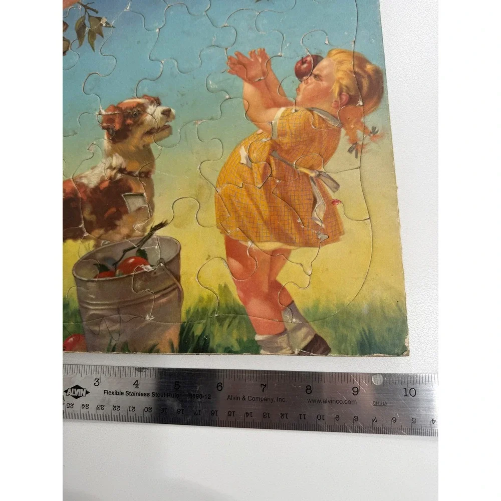 Vintage Mid Century Tray Puzzle Children Dog Picking Apples Cardboard Frame